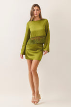Load image into Gallery viewer, NEWEST ARRIVAL Chartreuse Olive Green Satin Fringe Mini Skirt Set
