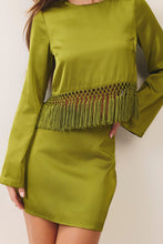 Load image into Gallery viewer, NEWEST ARRIVAL Chartreuse Olive Green Satin Fringe Mini Skirt Set
