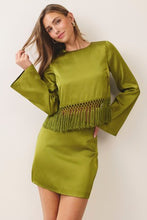 Load image into Gallery viewer, NEWEST ARRIVAL Chartreuse Olive Green Satin Fringe Mini Skirt Set
