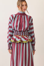 Load image into Gallery viewer, NEWEST ARRIVAL Burgundy/Blue Striped Smocked Ruffle Maxi Skirt Set

