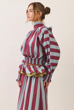 Load image into Gallery viewer, NEWEST ARRIVAL Burgundy/Blue Striped Smocked Ruffle Maxi Skirt Set

