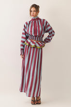 Load image into Gallery viewer, NEWEST ARRIVAL Burgundy/Blue Striped Smocked Ruffle Maxi Skirt Set
