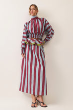 Load image into Gallery viewer, NEWEST ARRIVAL Burgundy/Blue Striped Smocked Ruffle Maxi Skirt Set
