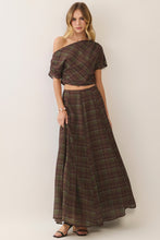 Load image into Gallery viewer, NEWEST ARRIVAL Dark Olive Plaid Ruched Crop Top Maxi Skirt Set
