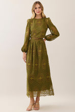 Load image into Gallery viewer, NEWEST ARRIVAL *PREORDER 10/21* Olive Eyelet Midi Skirt Set
