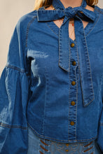 Load image into Gallery viewer, NEWEST ARRIVAL Medium Wash Denim Neck Tie Blouse
