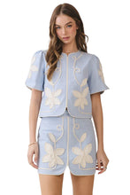 Load image into Gallery viewer, NEWEST ARRIVAL Powder Blue/Ivory Floral Appliqué Mini Skirt Set
