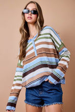 Load image into Gallery viewer, NEWEST ARRIVAL Blue/Brown/Olive Green Striped Henley Knit Long Sleeve Top
