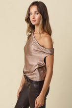 Load image into Gallery viewer, NEWEST ARRIVAL Mocha Satin Draped One Shoulder Top
