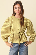 Load image into Gallery viewer, NEWEST ARRIVAL Kiwi Green Striped Peplum Belted Blouse
