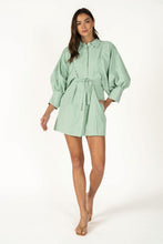 Load image into Gallery viewer, NEWEST ARRIVAL Green Striped Extra Puff Sleeve Button Front Dress
