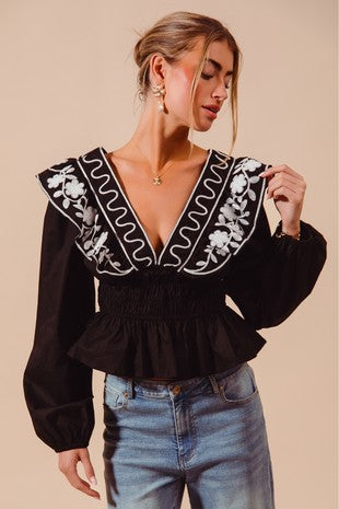 Black Floral Embroidered Peplum Blouse