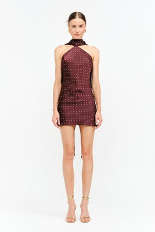 NEWEST ARRIVAL Burgundy Wine Polka Dot Neck Scarf Mini Dress