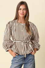 Load image into Gallery viewer, NEWEST ARRIVAL Brown Striped Peplum Belted Blouse
