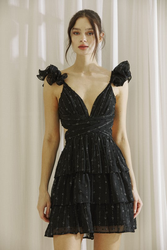 NEWEST ARRIVAL Black Romantic Ruffle Tie Back Mini Dress