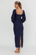 Load image into Gallery viewer, NEWEST ARRIVAL Dark Denim Puff Sleeve Fitted Maxi Dress
