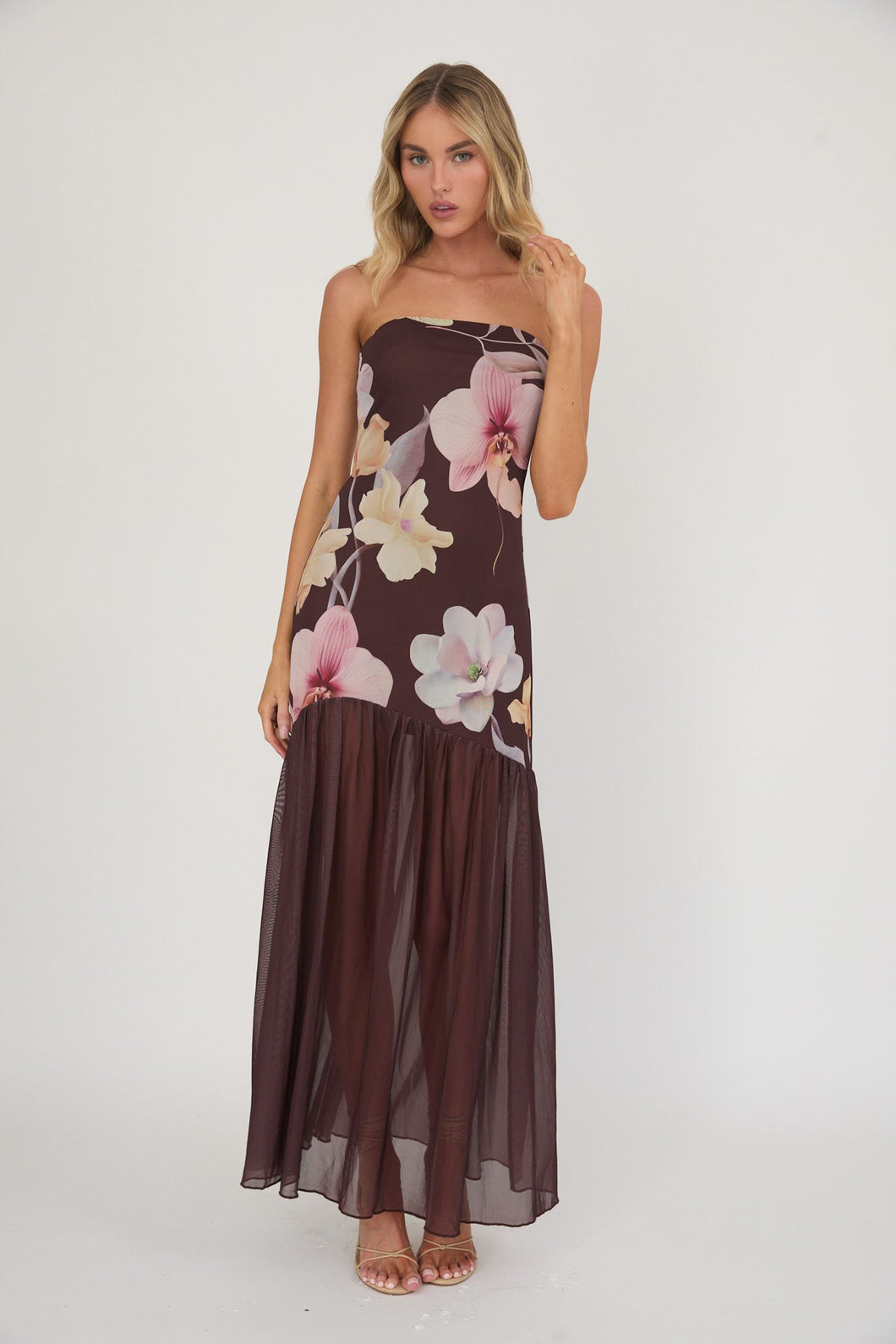 NEWEST ARRIVAL Brown Floral Strapless Maxi Dress