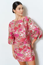 Load image into Gallery viewer, LAST ONE Coral Pink Floral Jacquard Puff Sleeve Dress
