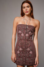 Load image into Gallery viewer, NEWEST ARRIVAL Plum Floral Embroidered Strapless Denim Dress
