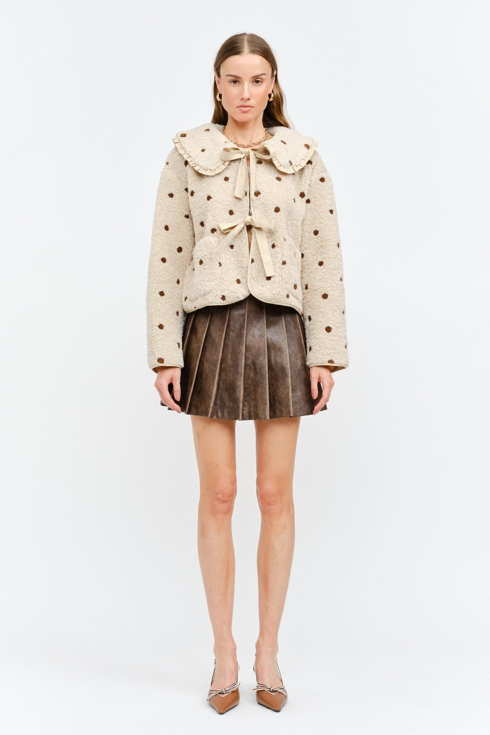 NEWEST ARRIVAL Cream/Brown Polka Dot Front Tie Jacket