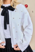 Load image into Gallery viewer, White/Black Neck Tie Pearl Cardigan
