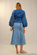 Load image into Gallery viewer, NEWEST ARRIVAL Medium Wash Denim Neck Tie Blouse
