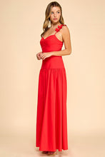 Load image into Gallery viewer, NEWEST ARRIVAL *PREORDER 3/26* Red Flower Appliqué Shoulder Maxi Dress
