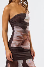 Load image into Gallery viewer, NEWEST ARRIVAL Brown Strapless Floral Ruched Dress
