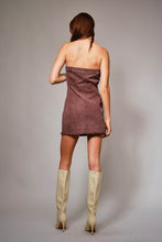 Load image into Gallery viewer, NEWEST ARRIVAL Plum Floral Embroidered Strapless Denim Dress
