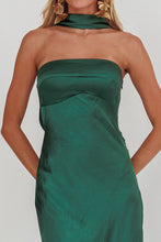 Load image into Gallery viewer, NEWEST ARRIVAL Hunter Green Satin Scarf Neck Maxi Dress
