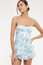 Load image into Gallery viewer, NEWEST ARRIVAL Blue Floral Shoulder Tie Mini Dress
