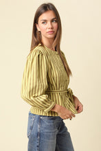 Load image into Gallery viewer, NEWEST ARRIVAL Kiwi Green Striped Peplum Belted Blouse
