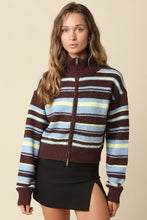 Load image into Gallery viewer, NEWEST ARRIVAL Brown/Blue/Yellow Striped Zip Up Cardigan
