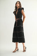 Load image into Gallery viewer, Black/Coral Tiered Midi Dress
