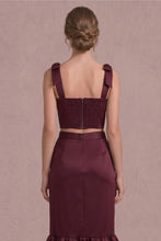 Load image into Gallery viewer, NEWEST ARRIVAL Burgundy Satin Shoulder Tie Midi Skirt Set
