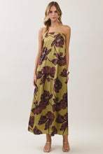 Load image into Gallery viewer, NEWEST ARRIVAL *PREORDER 10/6* Chartreuse Olive Green/Brown Bold Floral Strapless Maxi Dress
