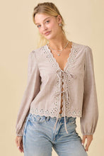 Load image into Gallery viewer, FINAL SALE Taupe Striped Front Tie Blouse
