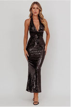 Load image into Gallery viewer, NEWEST ARRIVAL Black Sequin Halter Maxi Dress
