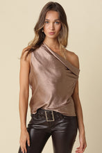 Load image into Gallery viewer, NEWEST ARRIVAL Mocha Satin Draped One Shoulder Top
