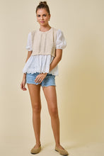 Load image into Gallery viewer, NEWEST ARRIVAL Tan/White Contrast Puff Sleeve Blouse
