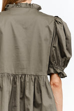 Load image into Gallery viewer, NEWEST ARRIVAL Dark Olive Brown Poplin Puff Sleeve Babydoll Dress
