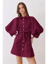 Load image into Gallery viewer, NEWEST ARRIVAL Burgundy Extra Puff Sleeve Button Front Dress
