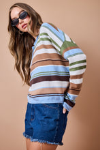 Load image into Gallery viewer, NEWEST ARRIVAL Blue/Brown/Olive Green Striped Henley Knit Long Sleeve Top
