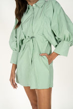 Load image into Gallery viewer, NEWEST ARRIVAL Green Striped Extra Puff Sleeve Button Front Dress
