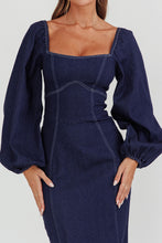 Load image into Gallery viewer, NEWEST ARRIVAL Dark Denim Puff Sleeve Fitted Maxi Dress
