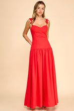Load image into Gallery viewer, NEWEST ARRIVAL *PREORDER 3/26* Red Flower Appliqué Shoulder Maxi Dress
