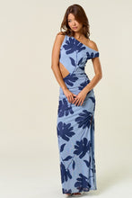 Load image into Gallery viewer, Blue Leaf Print Mesh Cut Out Maxi Dress
