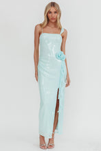 Load image into Gallery viewer, NEWEST ARRIVAL Mint Blue Sequin 3d Flower Maxi Dress
