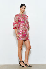 Load image into Gallery viewer, LAST ONE Coral Pink Floral Jacquard Puff Sleeve Dress
