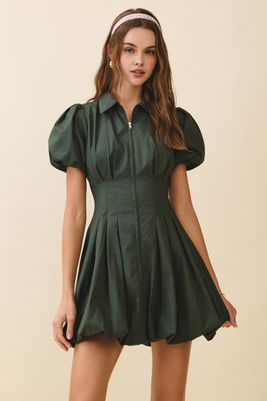 NEWEST ARRIVAL Dark Hunter Green Zipper Front Bubble Sleeve Dress